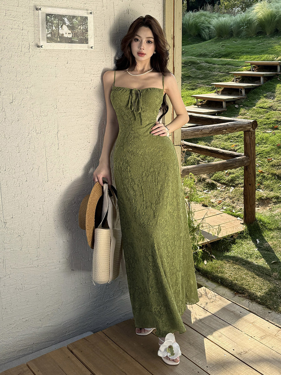 Date Night Dresses Maxi Backless Strappy Zipper Sleeveless Floral Print Off-The-Shoulder Sweet Green Dress