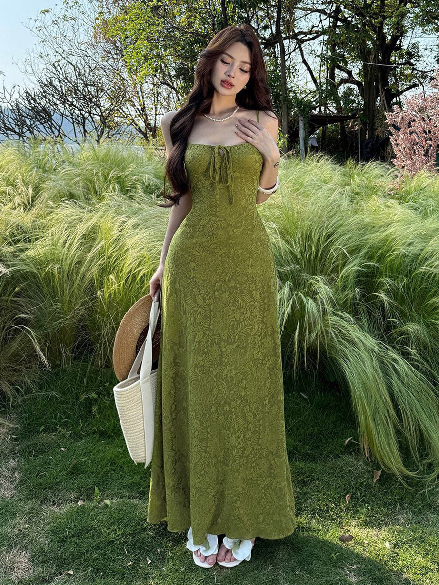 Date Night Dresses Maxi Backless Strappy Zipper Sleeveless Floral Print Off-The-Shoulder Sweet Green Dress