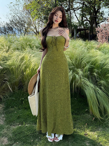 Date Night Dresses Maxi Backless Strappy Zipper Sleeveless Floral Print Off-The-Shoulder Sweet Green Dress