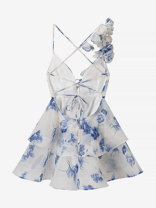 Vacation Dresses Mini Backless Flowers Lace Up Sleeveless Floral Print V-Neck Casual Pink Dress