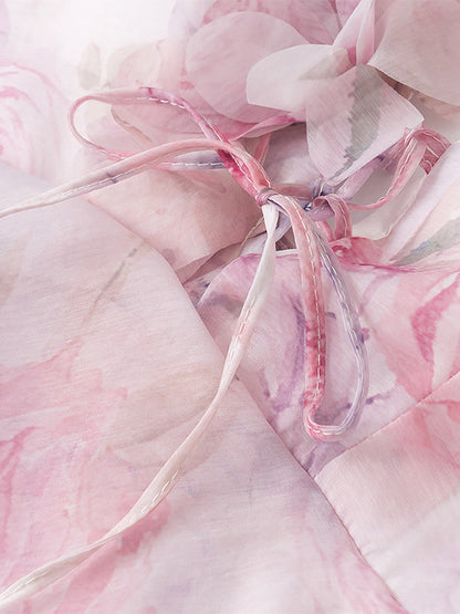Vacation Dresses Mini Backless Flowers Lace Up Sleeveless Floral Print V-Neck Casual Pink Dress