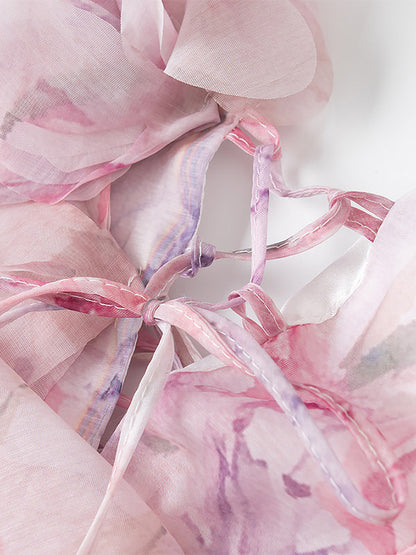 Vacation Dresses Mini Backless Flowers Lace Up Sleeveless Floral Print V-Neck Casual Pink Dress