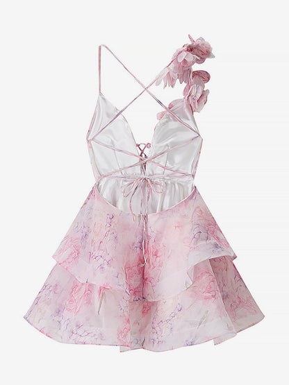 Vacation Dresses Mini Backless Flowers Lace Up Sleeveless Floral Print V-Neck Casual Pink Dress