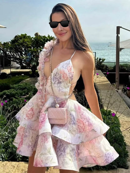 Vacation Dresses Mini Backless Flowers Lace Up Sleeveless Floral Print V-Neck Casual Pink Dress