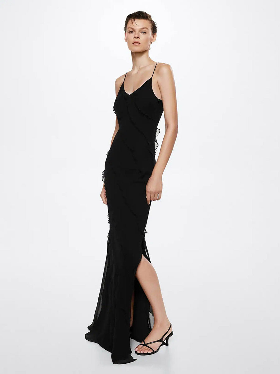 Party Dress Maxi Black Straps Neck Ruffles Sleeveless Backless Elegant Semi Formal Dress