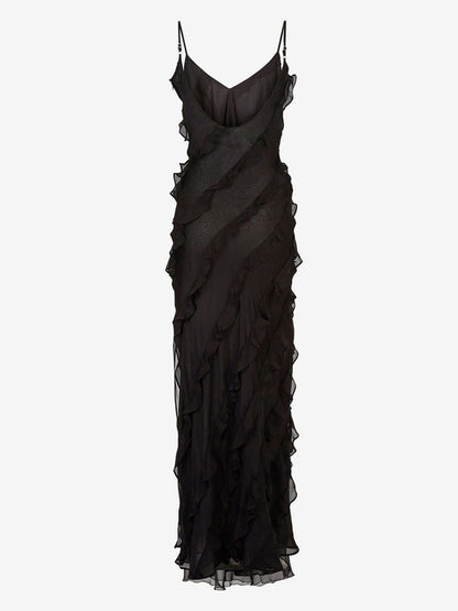 Party Dress Maxi Black Straps Neck Ruffles Sleeveless Backless Elegant Semi Formal Dress