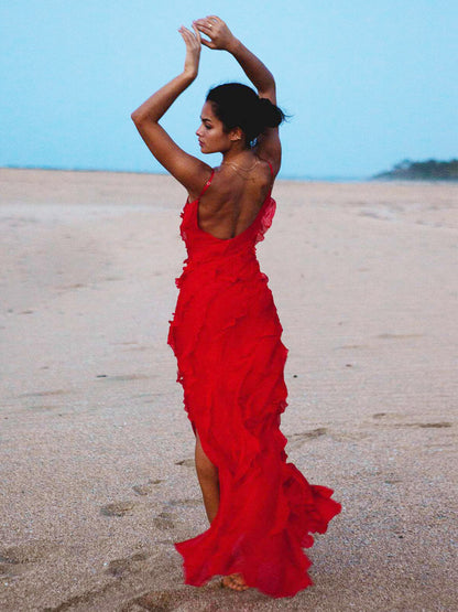 Party Dress Maxi Black Straps Neck Ruffles Sleeveless Backless Elegant Semi Formal Dress