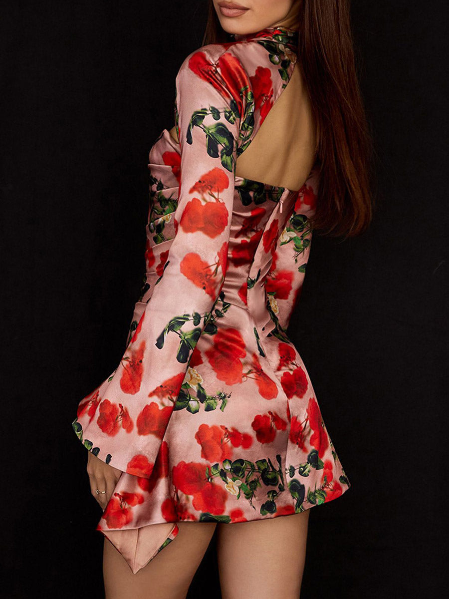 Night Out Dresses Floral Print Long Sleeves Off-The-Shoulder Backless Summer Dress