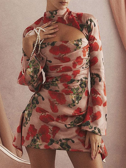 Night Out Dresses Floral Print Long Sleeves Off-The-Shoulder Backless Summer Dress