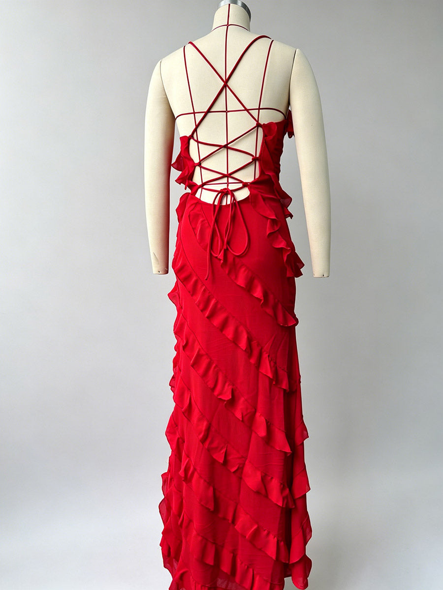 Party Dress Maxi Orange Off-The-Shoulder Ruffles Sleeveless Backless Elegant Semi Formal Dress Dress