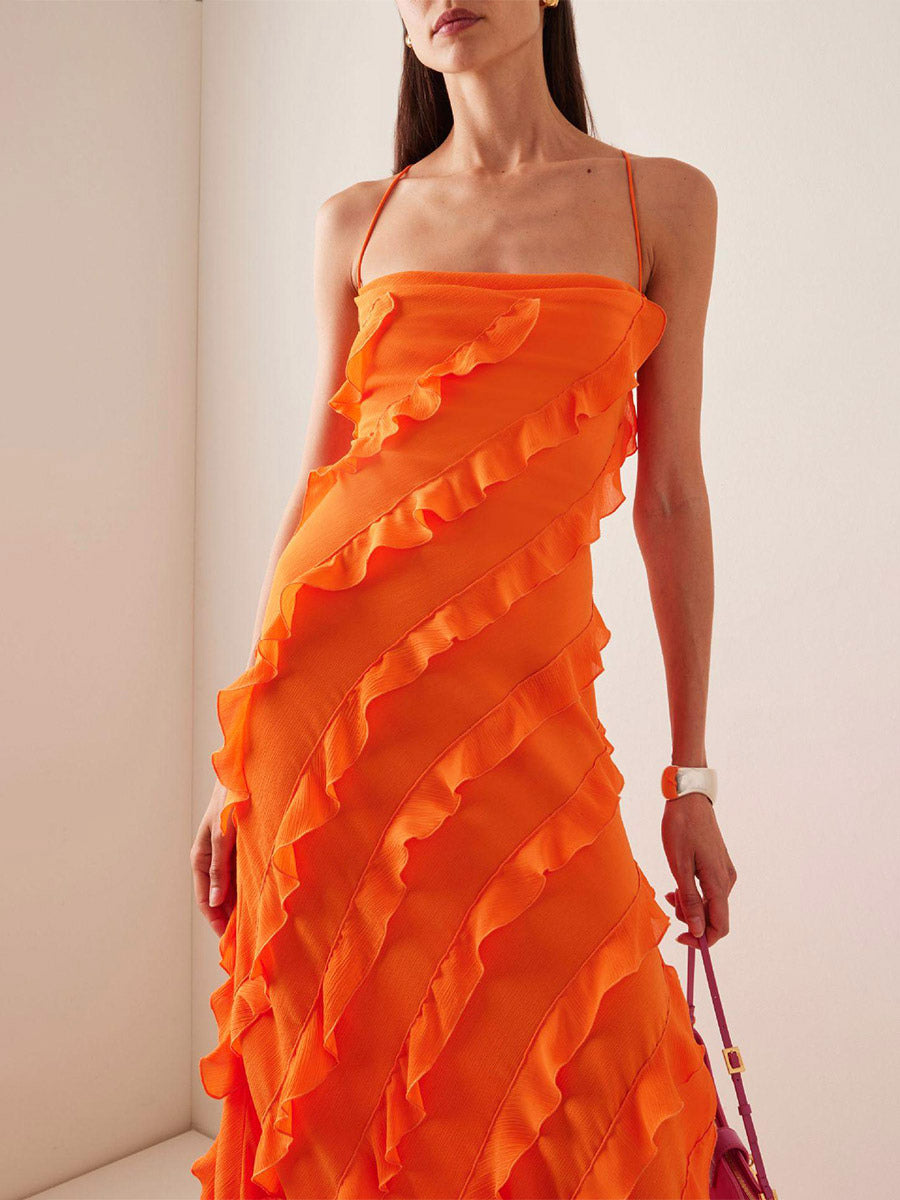 Party Dress Maxi Orange Off-The-Shoulder Ruffles Sleeveless Backless Elegant Semi Formal Dress Dress