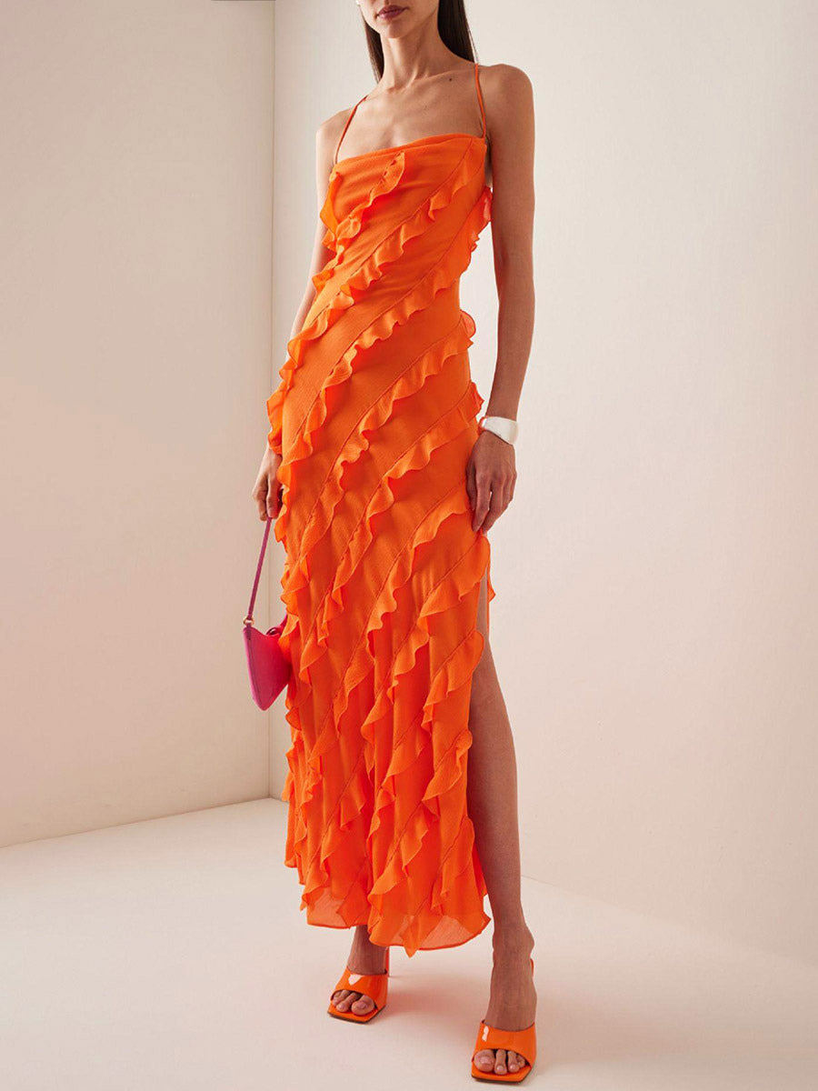 Party Dress Maxi Orange Off-The-Shoulder Ruffles Sleeveless Backless Elegant Semi Formal Dress Dress