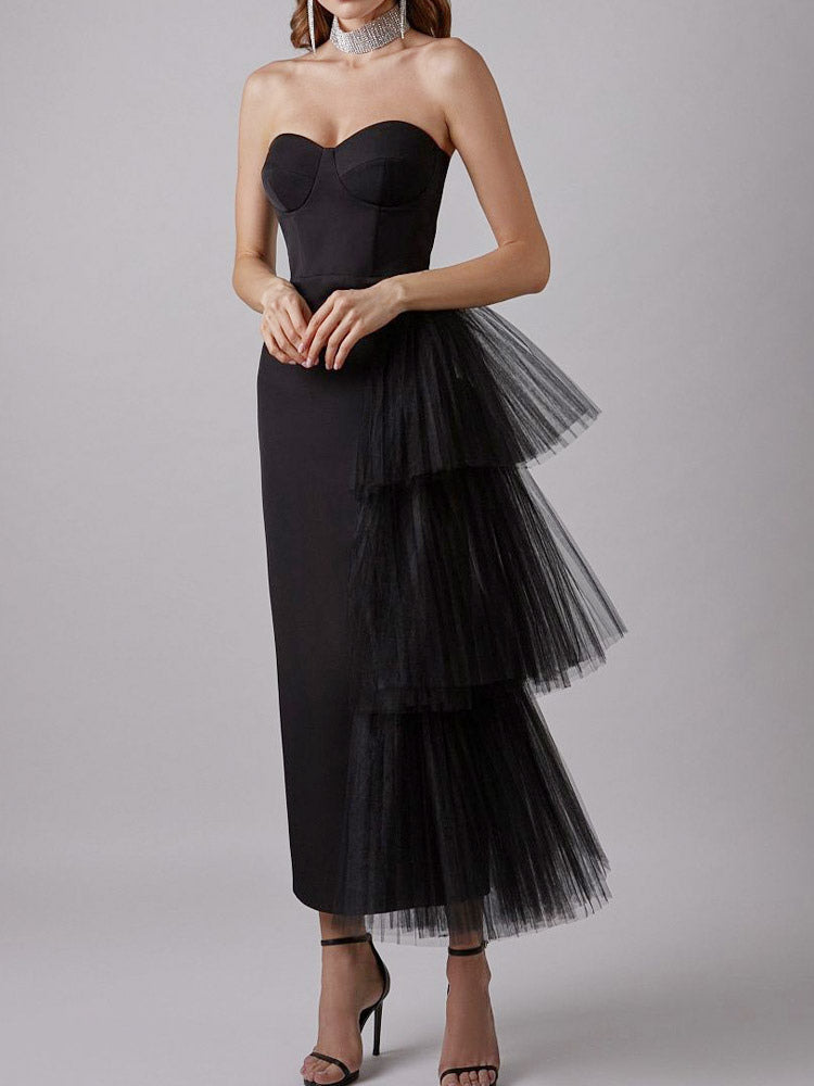Party Dress Maxi Blue Strapless Zipper Sleeveless Backless Elegant Semi Formal Dress