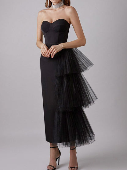 Party Dress Maxi Blue Strapless Zipper Sleeveless Backless Elegant Semi Formal Dress