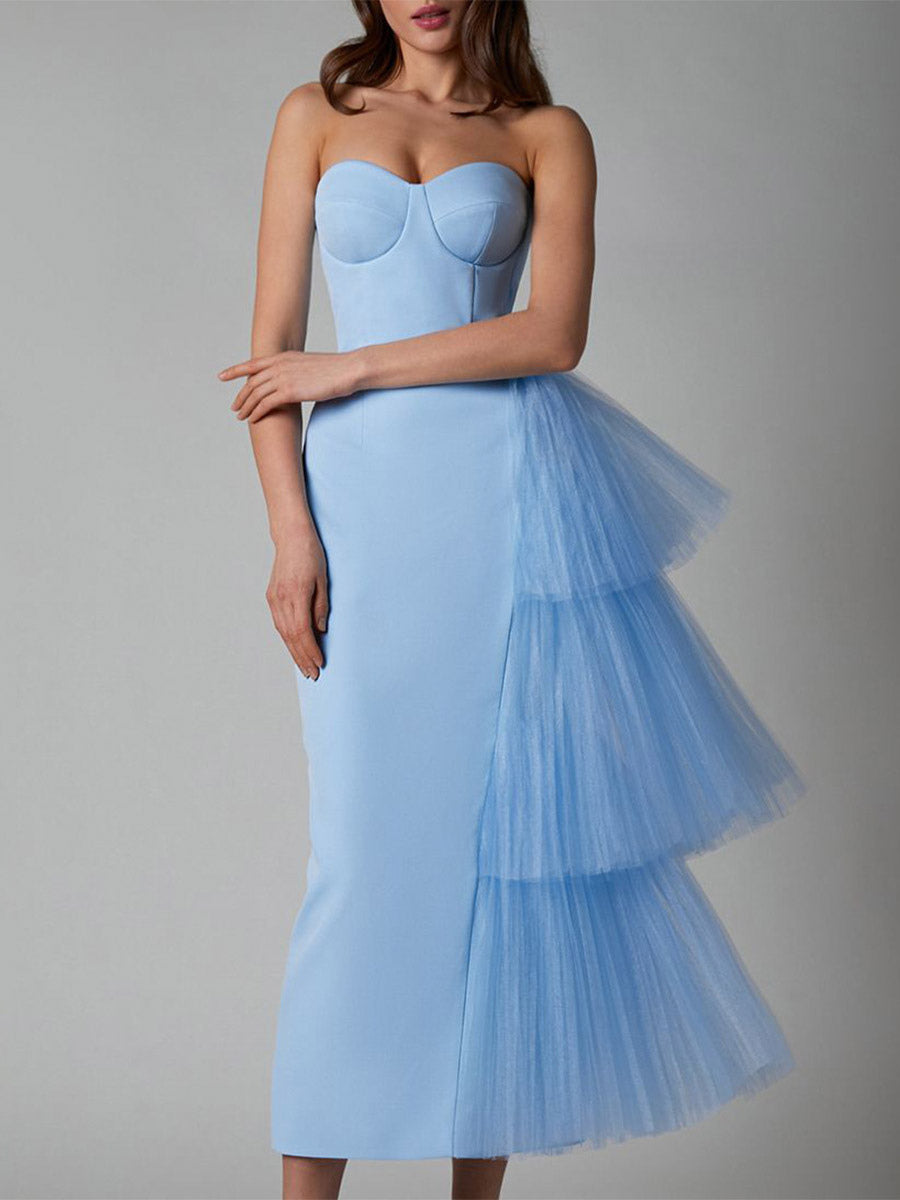 Party Dress Maxi Blue Strapless Zipper Sleeveless Backless Elegant Semi Formal Dress