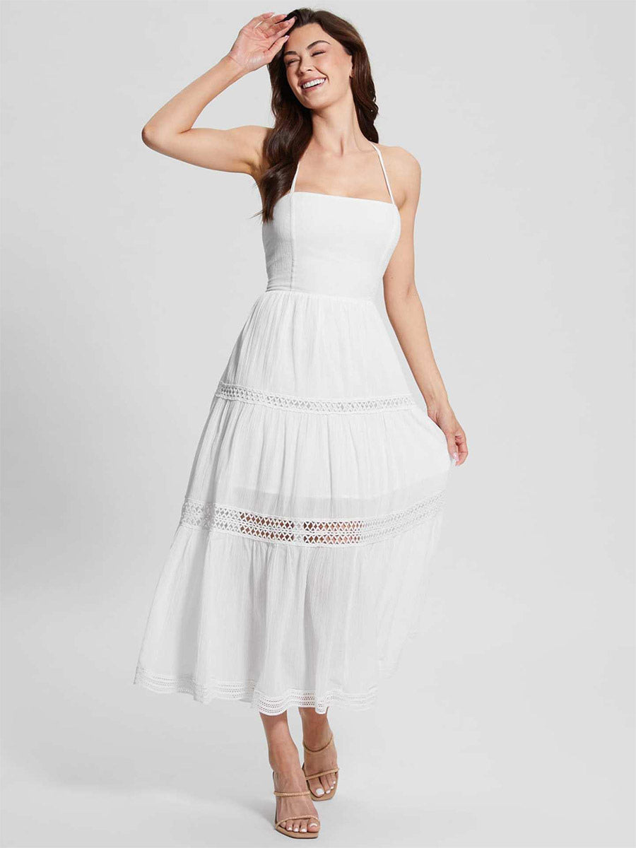 Vacation Dresses Maxi Backless Lace Lace Up Sleeveless Halter Casual White Dress
