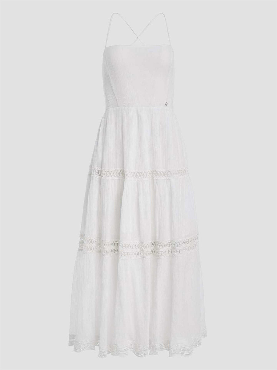 Vacation Dresses Maxi Backless Lace Lace Up Sleeveless Halter Casual White Dress