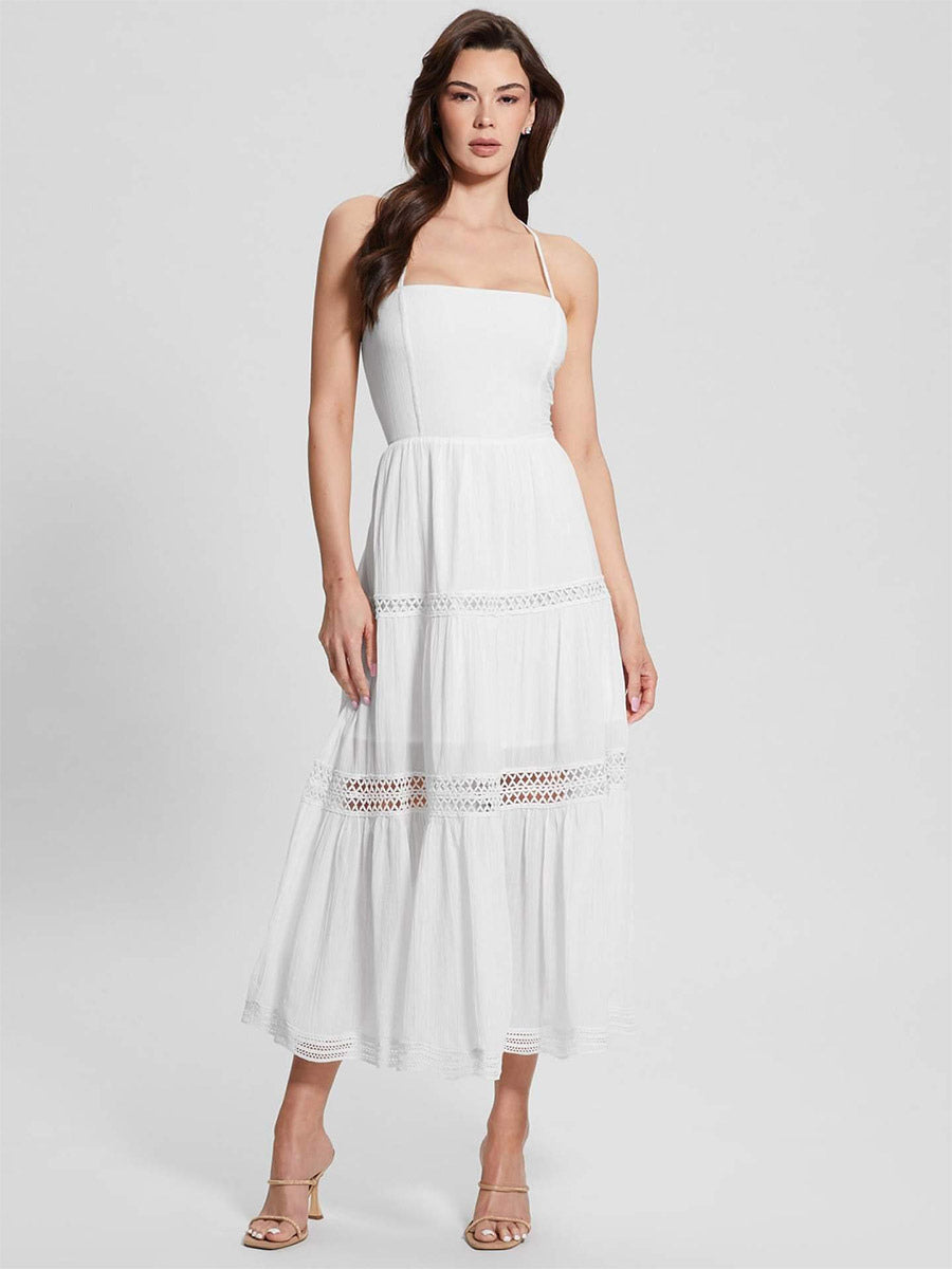 Vacation Dresses Maxi Backless Lace Lace Up Sleeveless Halter Casual White Dress