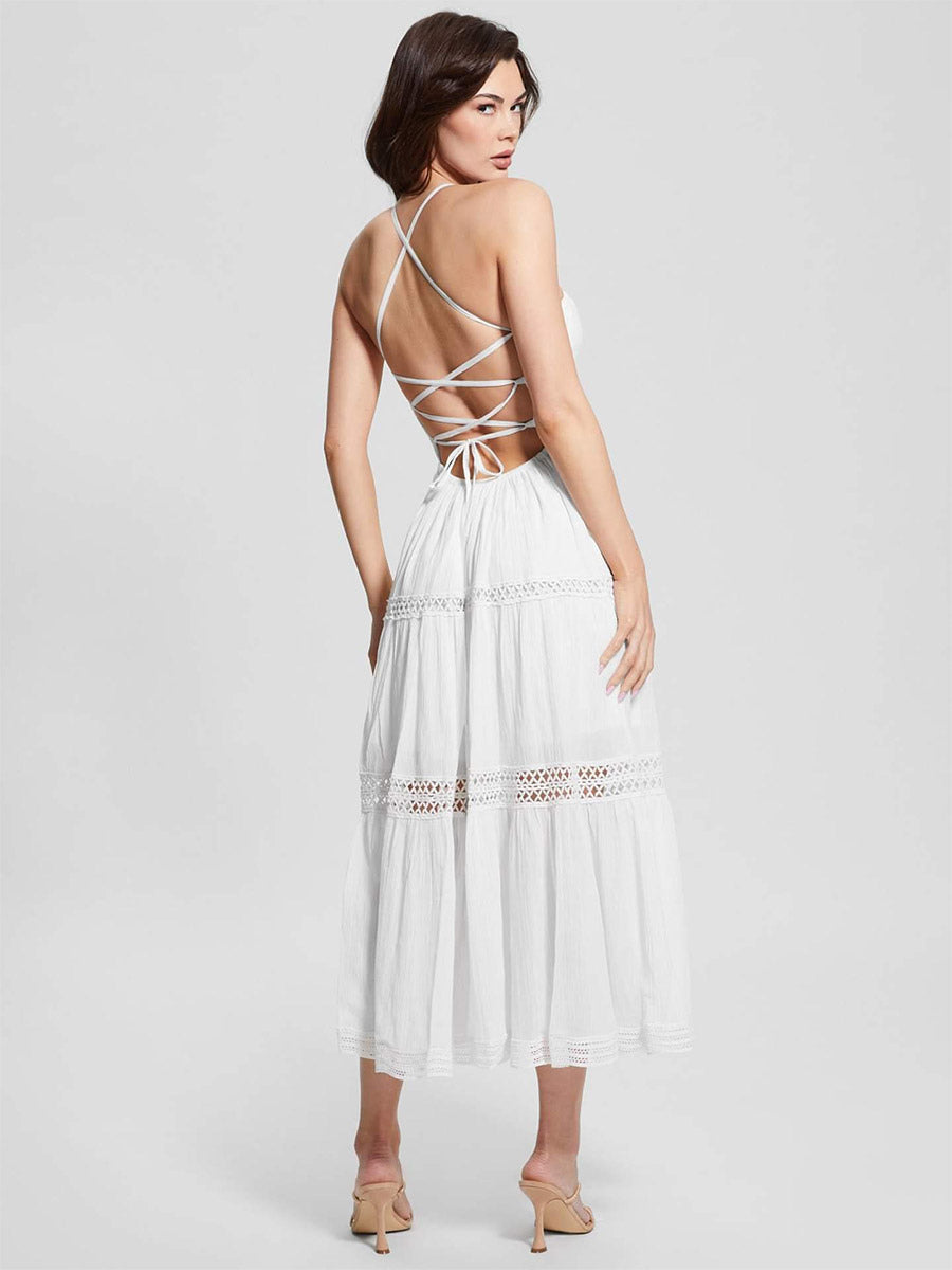 Vacation Dresses Maxi Backless Lace Lace Up Sleeveless Halter Casual White Dress
