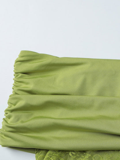 Date Night Dresses Mini Asymmetrical Pleated Lace Short Sleeves Off-The-Shoulder Sexy Green Dress