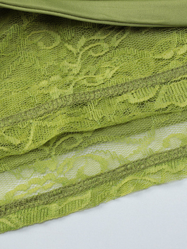 Date Night Dresses Mini Asymmetrical Pleated Lace Short Sleeves Off-The-Shoulder Sexy Green Dress
