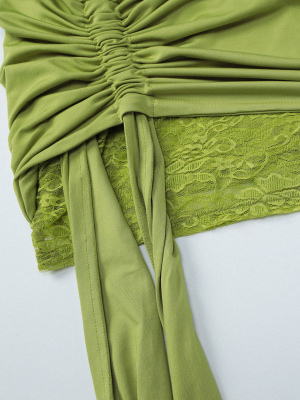Date Night Dresses Mini Asymmetrical Pleated Lace Short Sleeves Off-The-Shoulder Sexy Green Dress