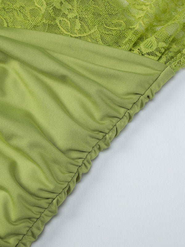 Date Night Dresses Mini Asymmetrical Pleated Lace Short Sleeves Off-The-Shoulder Sexy Green Dress