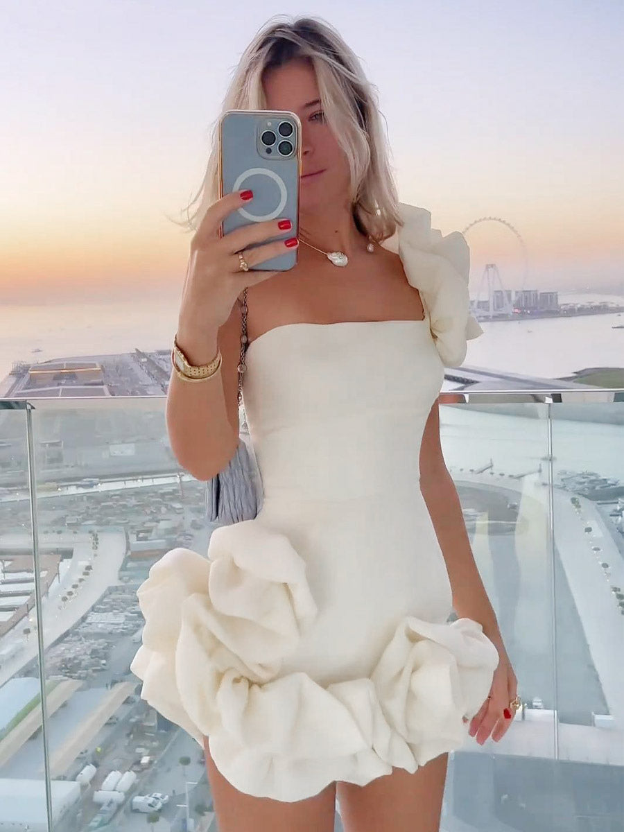 Date Night Dresses Mini Backless Ruffles Zipper Sleeveless Strapless Chic White Dress