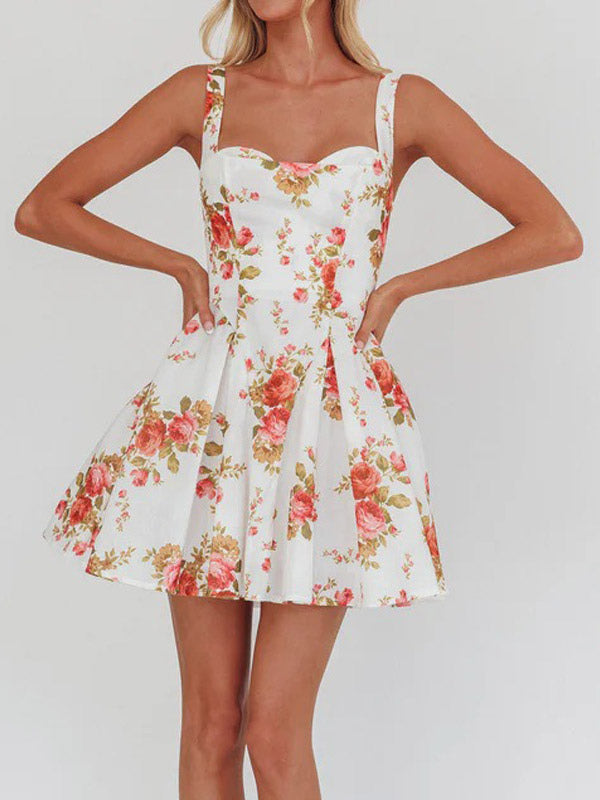 Date Night Dresses Mini Backless Grommets Zipper Sleeveless Floral Print Square Neck Chic Dress