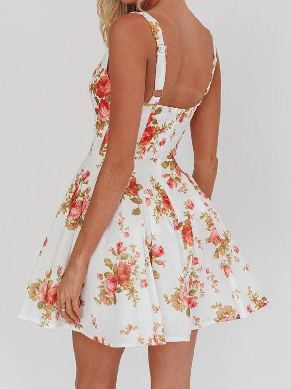 Date Night Dresses Mini Backless Grommets Zipper Sleeveless Floral Print Square Neck Chic Dress