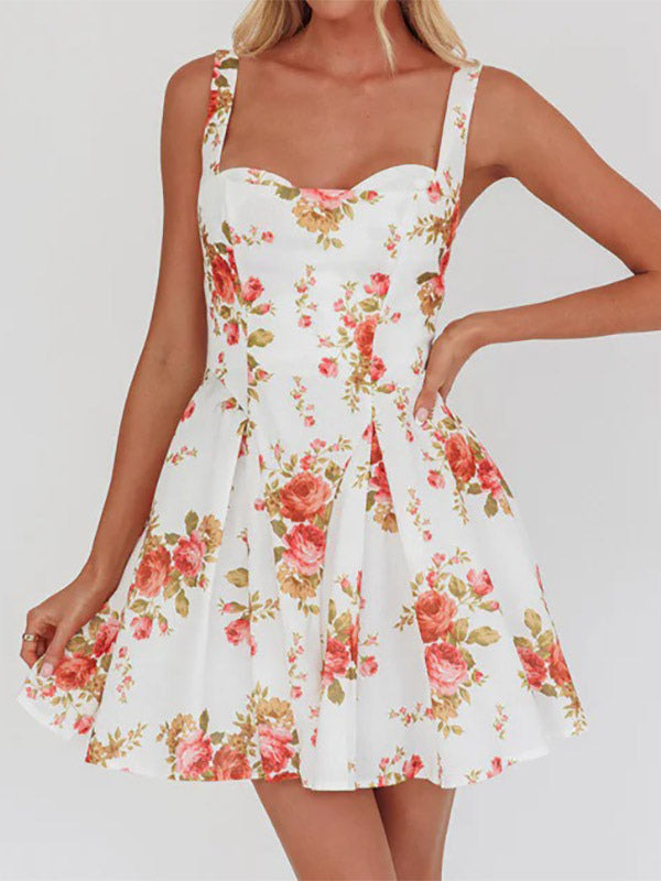 Date Night Dresses Mini Backless Grommets Zipper Sleeveless Floral Print Square Neck Chic Dress