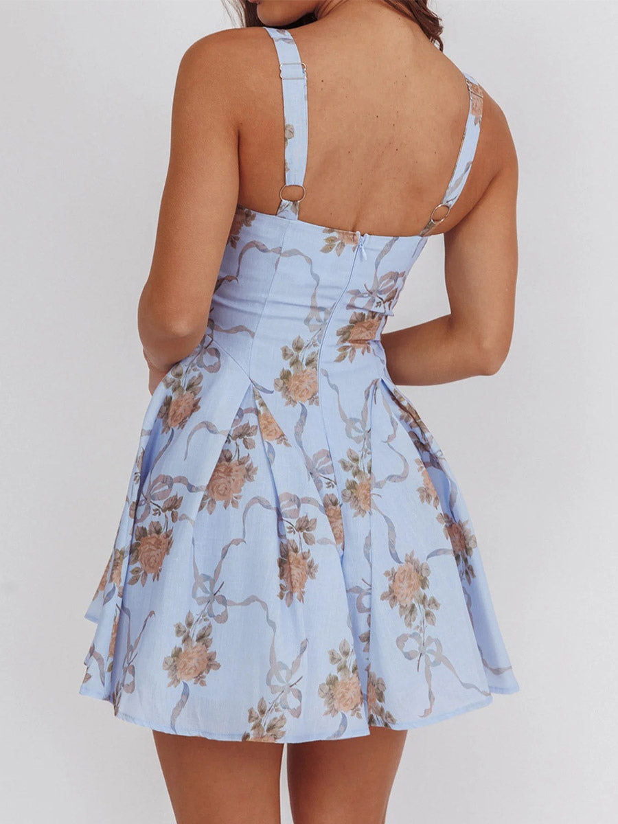 Date Night Dresses Mini Backless Grommets Zipper Sleeveless Floral Print Square Neck Chic Dress
