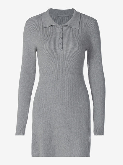 Date Night Dresses Mini Pleated Knitted Long Sleeves V-Neck Sweet Gray Dress