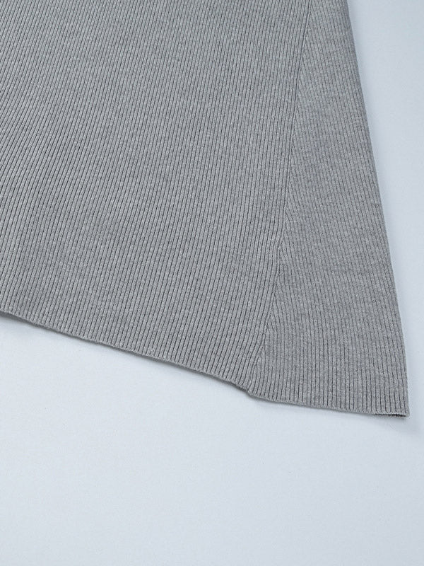 Date Night Dresses Mini Pleated Knitted Long Sleeves V-Neck Sweet Gray Dress