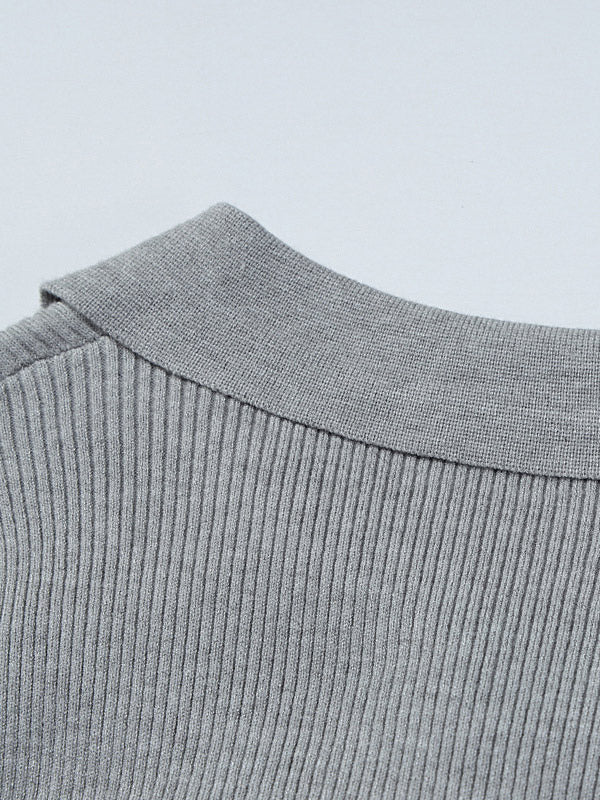 Date Night Dresses Mini Pleated Knitted Long Sleeves V-Neck Sweet Gray Dress