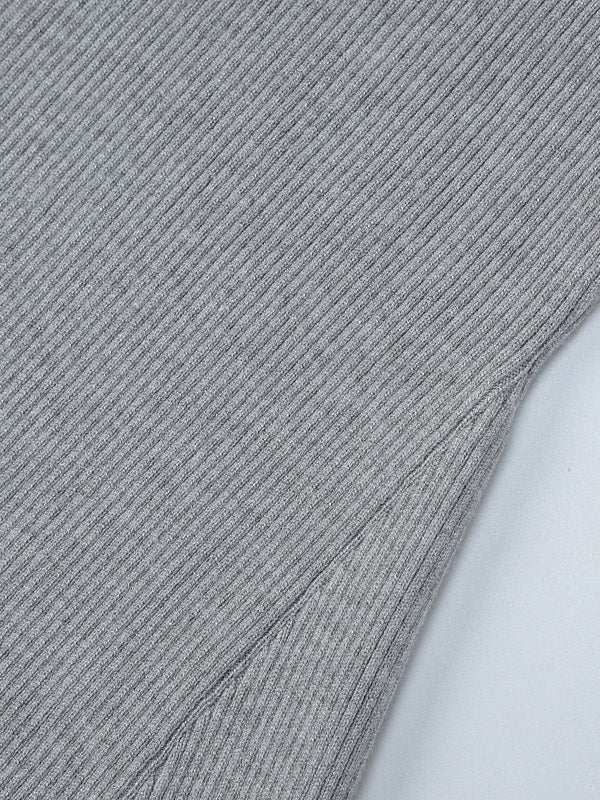 Date Night Dresses Mini Pleated Knitted Long Sleeves V-Neck Sweet Gray Dress