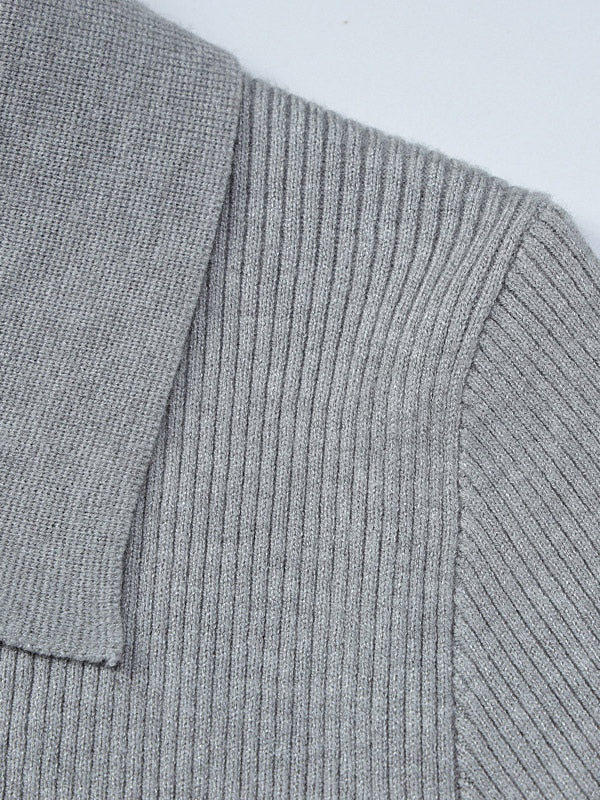 Date Night Dresses Mini Pleated Knitted Long Sleeves V-Neck Sweet Gray Dress