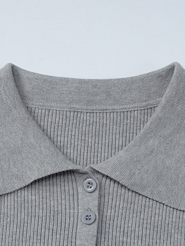 Date Night Dresses Mini Pleated Knitted Long Sleeves V-Neck Sweet Gray Dress