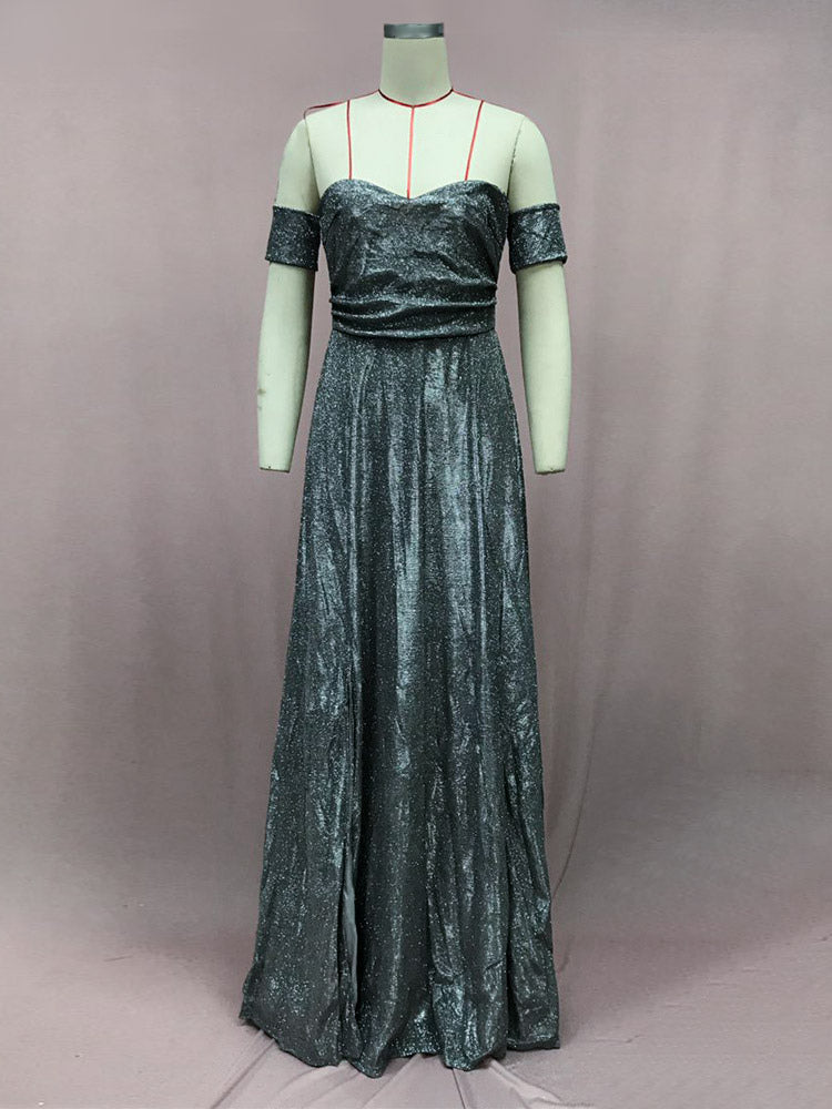 Party Dress Maxi Dazzling Blue V-Neck Sequins Sleeveless Open Shoulder Chic Semi Formal Dress
