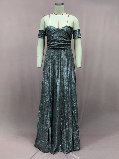 Party Dress Maxi Dazzling Blue V-Neck Sequins Sleeveless Open Shoulder Chic Semi Formal Dress