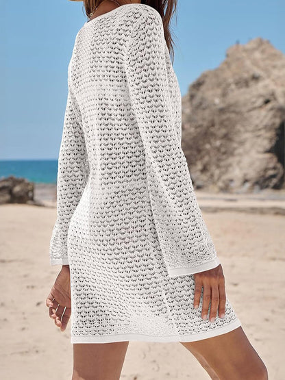 Cover Ups Mini Dresses Shaping Long Sleeves Scoop Neck Athletic Black Summer Beach Swimwear