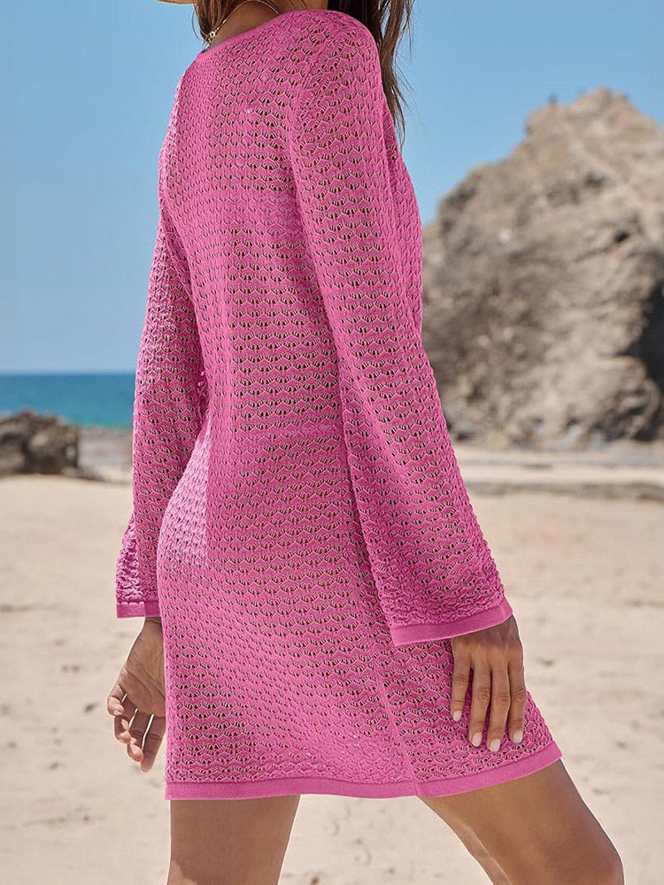 Cover Ups Mini Dresses Shaping Long Sleeves Scoop Neck Athletic Black Summer Beach Swimwear