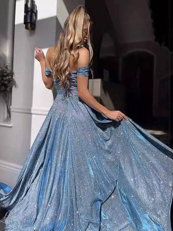 Party Dress Maxi Dazzling Blue V-Neck Sequins Sleeveless Open Shoulder Chic Semi Formal Dress