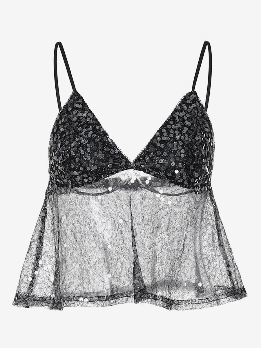 Black Cami Top Straps Neck Lace Sexy Polyester Women Camis