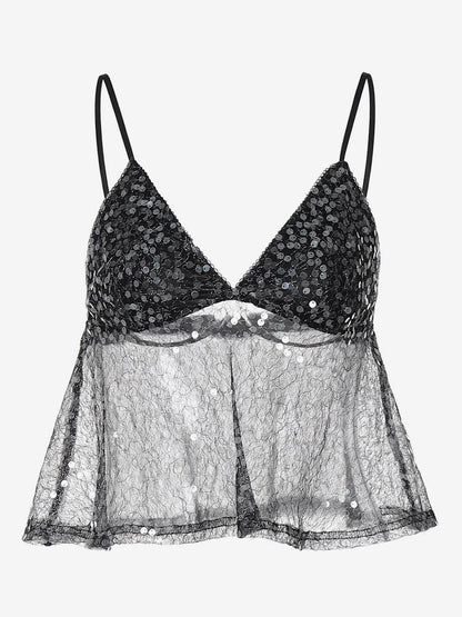Black Cami Top Straps Neck Lace Sexy Polyester Women Camis