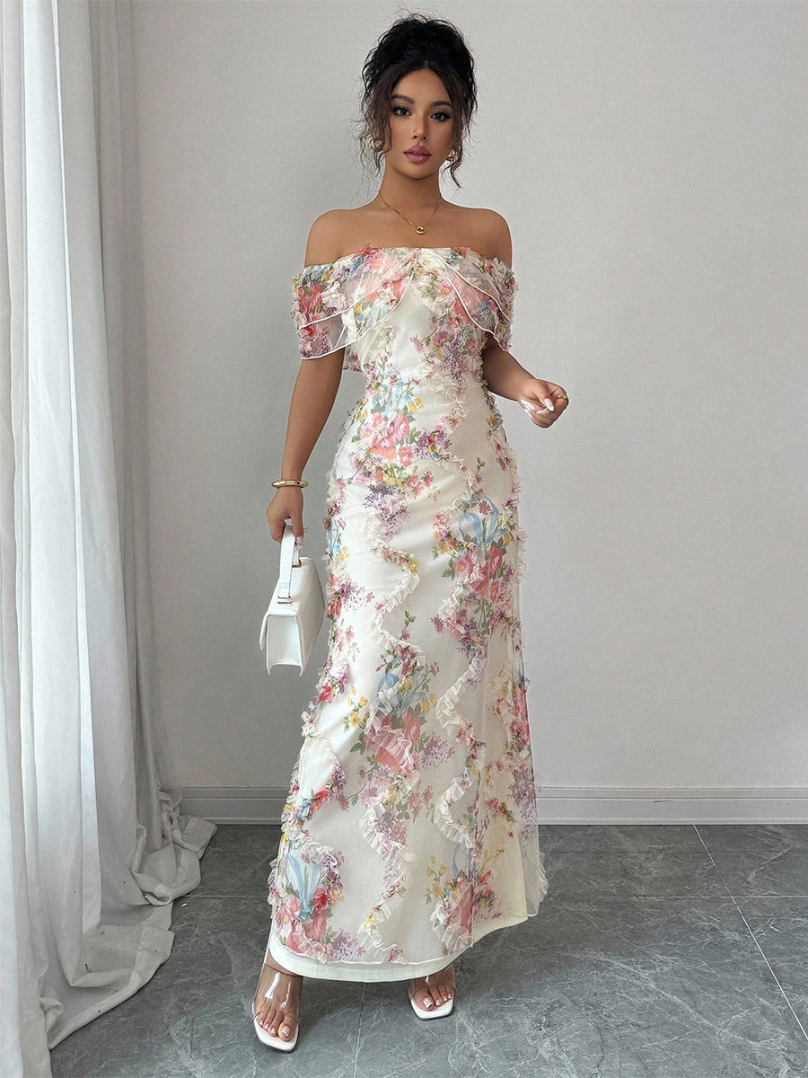 Date Night Dresses Maxi Backless Zipper Ruffles Sleeveless Floral Print Off-The-Shoulder Sweet Dress