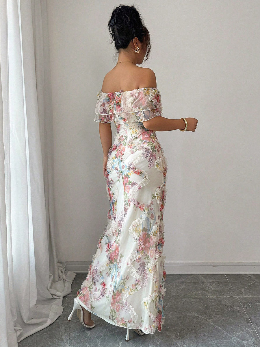 Date Night Dresses Maxi Backless Zipper Ruffles Sleeveless Floral Print Off-The-Shoulder Sweet Dress