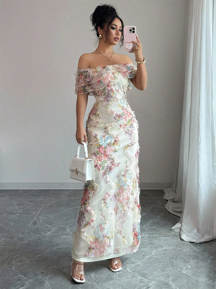 Date Night Dresses Maxi Backless Zipper Ruffles Sleeveless Floral Print Off-The-Shoulder Sweet Dress