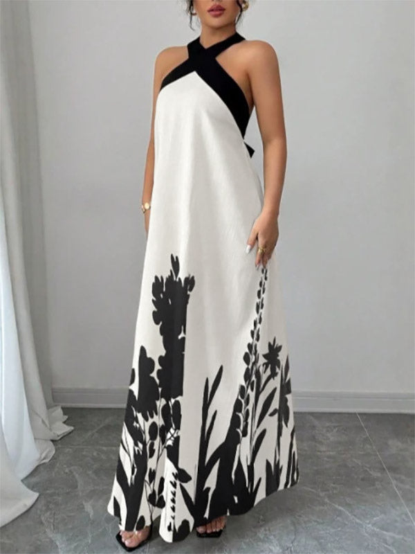 Vacation Dresses Maxi Backless Lace Up Sleeveless Floral Print Halter Elegant White Dress