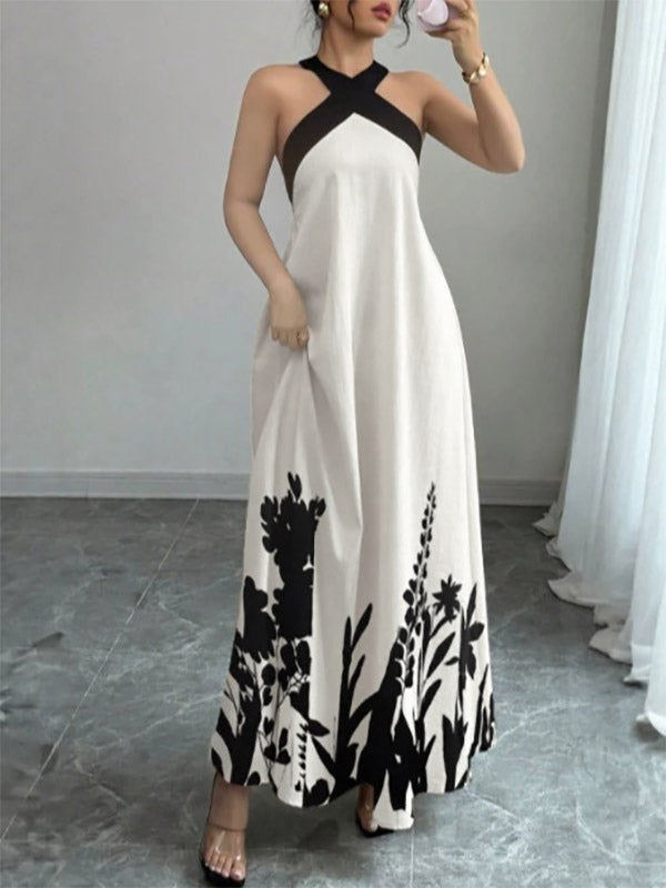 Vacation Dresses Maxi Backless Lace Up Sleeveless Floral Print Halter Elegant White Dress